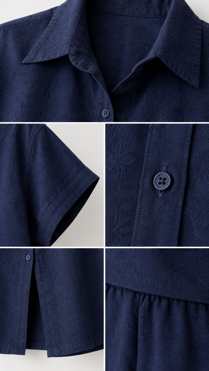 Close-up details of Navy Blue collar, sleeve cuffs, tonal texture, and button placket