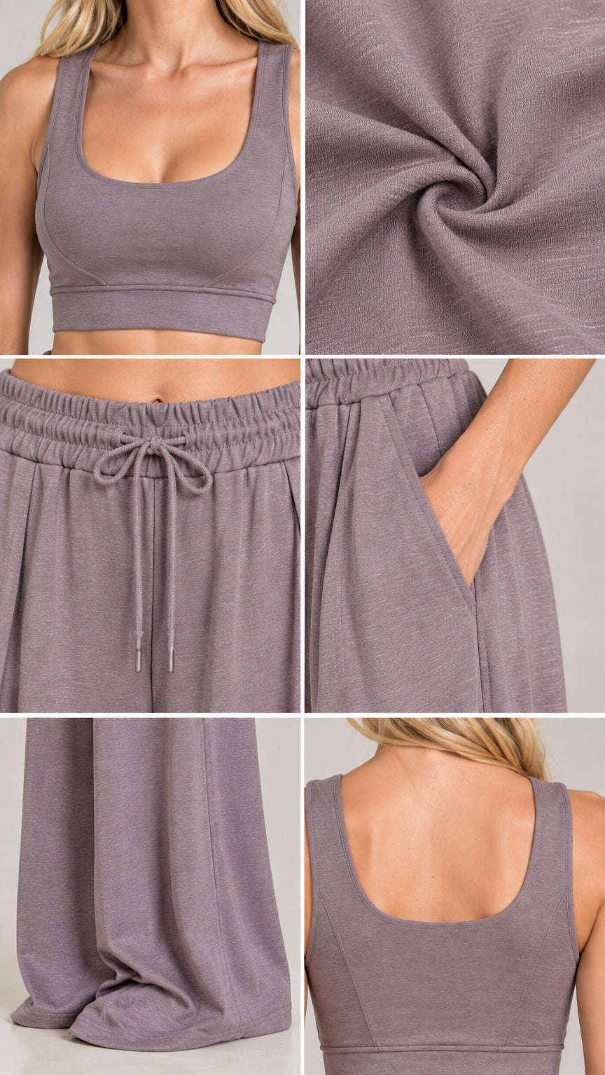 Close-up details of knit fabric texture, drawstring waistband, pockets, and neckline