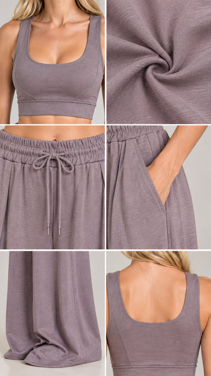 Close-up details of knit fabric texture, drawstring waistband, pockets, and neckline