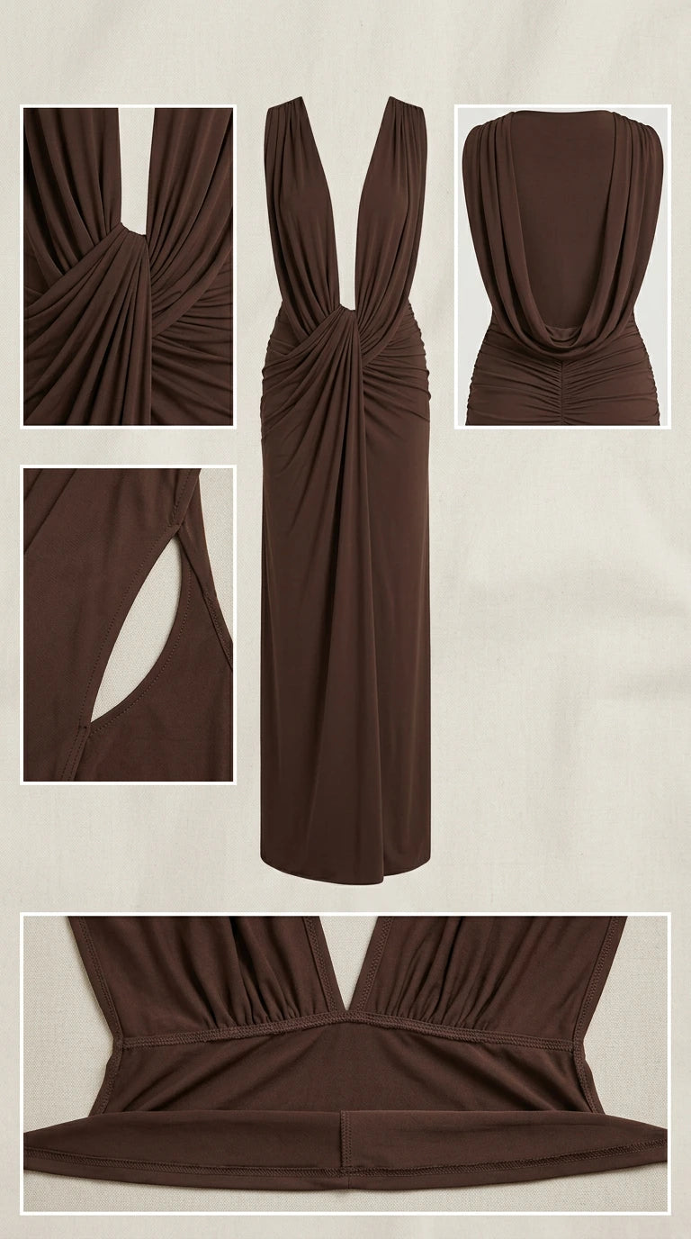 Detail flat-lay shots of front ruching, neckline, and back cowl construction