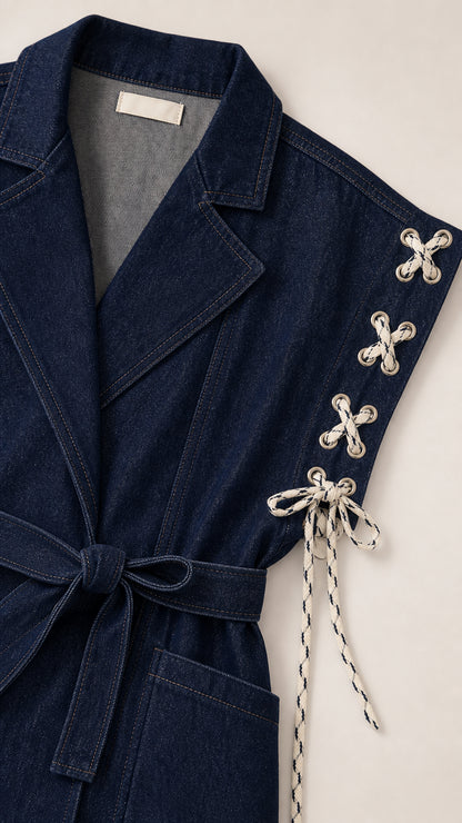 Close-up flat lay of Dark Blue denim vest showing notched lapel, fabric texture, and rope lace-up shoulder eyelets