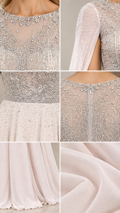Close-up detail of crystal beadwork, back zipper, and chiffon fabric