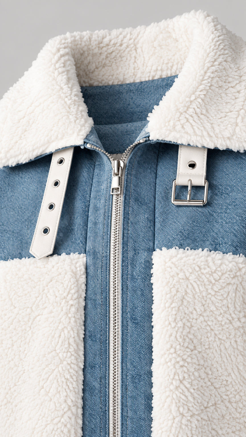 Close-up detail of blue paneling, front zipper, sherpa texture, and collar buckle strap