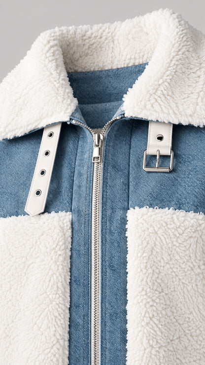 Close-up detail of blue paneling, front zipper, sherpa texture, and collar buckle strap