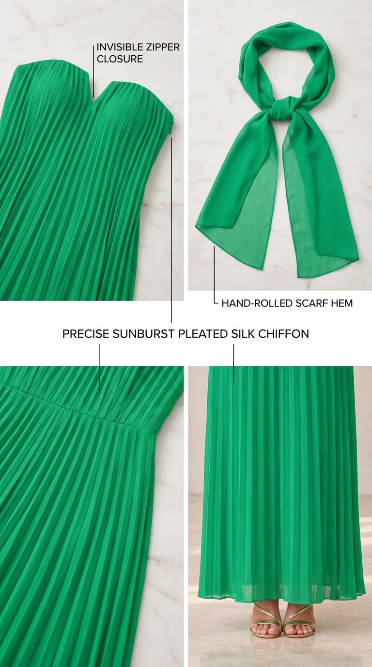 Close-up detail of pleated neckline, matching scarf, and sunburst chiffon pleating
