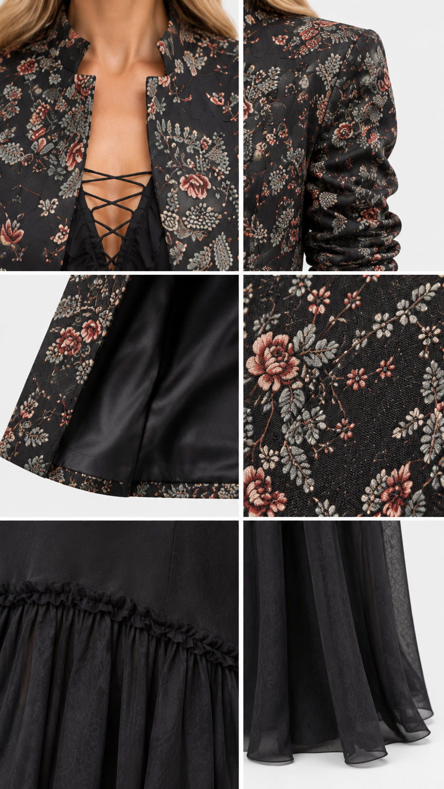 Close-up detail shots showing floral jacquard fabric, jacket lining, lace-up neckline, and tiered skirt hem