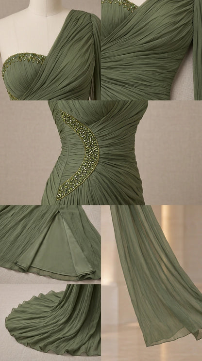 Close-up details of beaded embellishment and pleating on chiffon gown