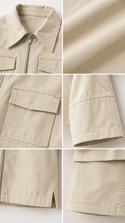 Close-up detail collage showing collar, zipper, twill fabric texture, pocket, and sleeve cuff