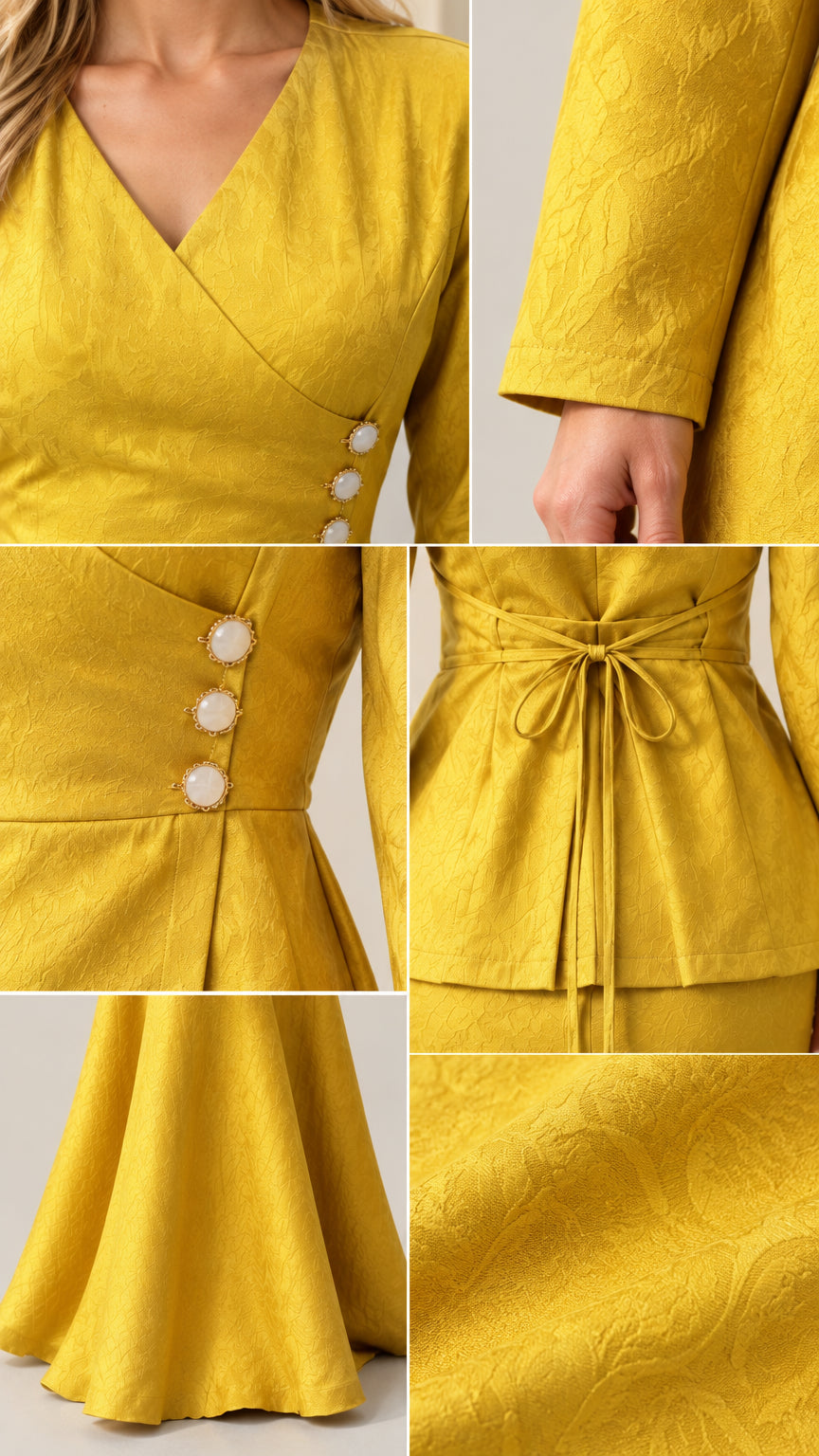 Close-up details of jacquard textured fabric, pearl buttons, and back waist tie