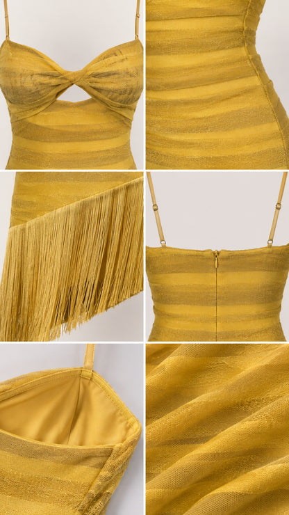 Detailed close-up collage of bust cutout, ruched fabric texture, fringe hem, zipper, and inner lining