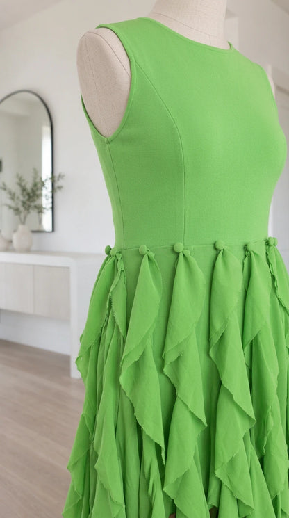 Close-up detail of high neckline and waist seam with cascading ruffles in lime green
