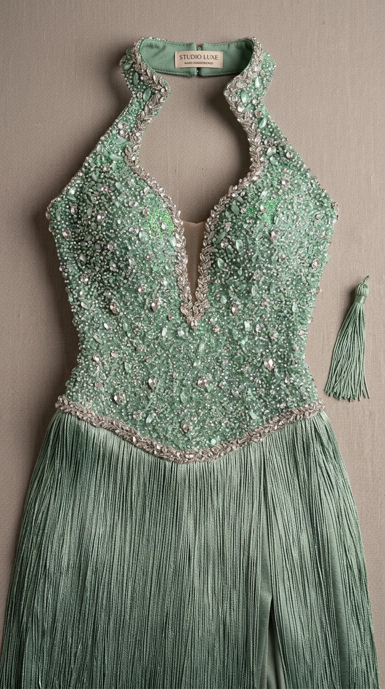 Close-up flat lay of Sage Green bodice showing intricate beadwork and halter neckline