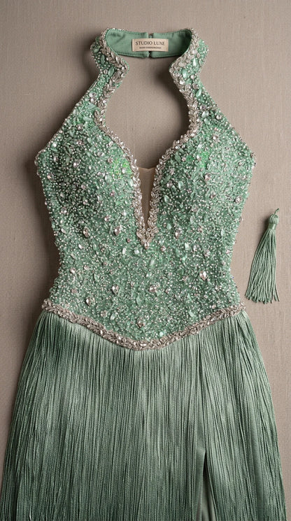 Close-up flat lay of Sage Green bodice showing intricate beadwork and halter neckline
