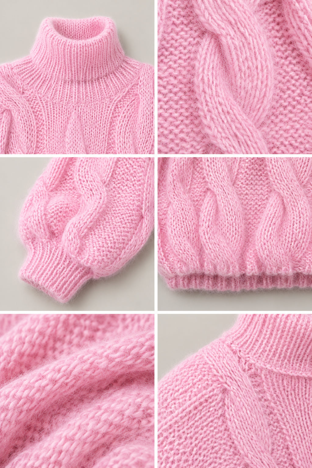 Detailed collage showcasing turtleneck collar, cable stitch pattern, ribbed cuff, and textured knit close-up