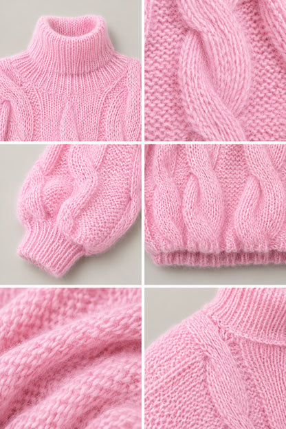 Detailed collage showcasing turtleneck collar, cable stitch pattern, ribbed cuff, and textured knit close-up
