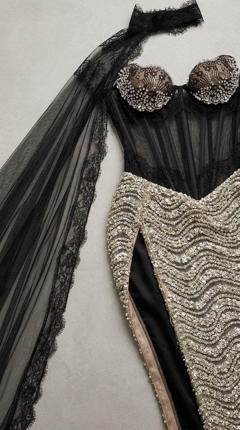 Close-up flat lay of corset bodice with crystal-embellished cups and lace choker cape