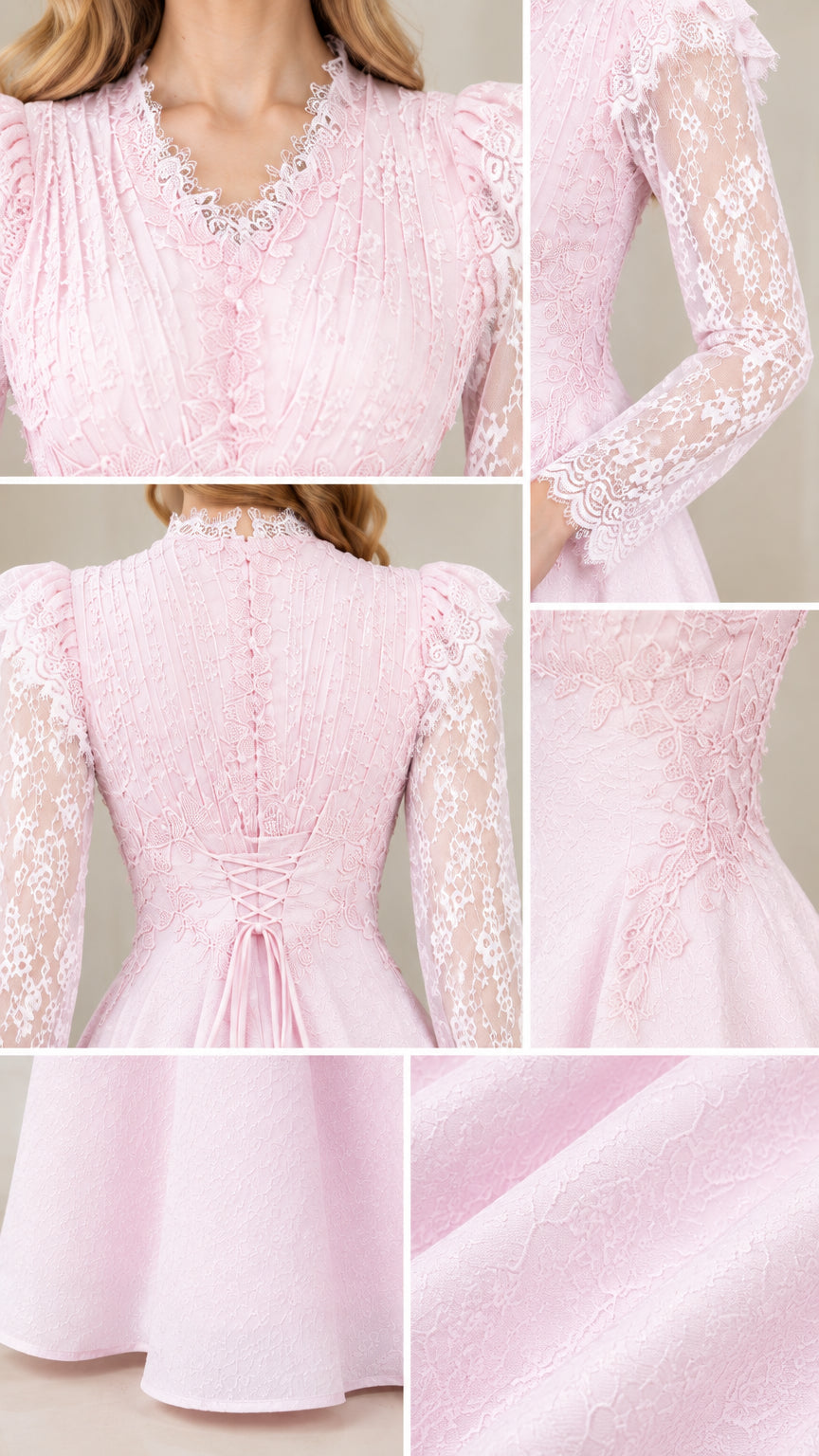 Close-up details of neckline lace, sleeve fabric, and textured skirt hem