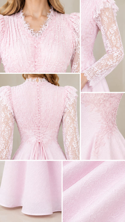 Close-up details of neckline lace, sleeve fabric, and textured skirt hem