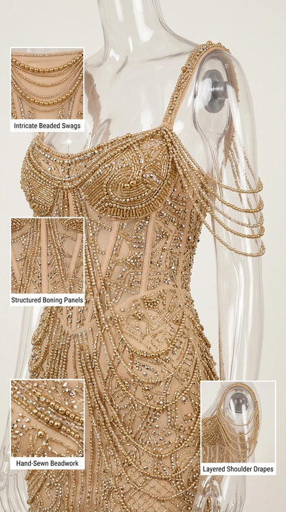 Close-up details of Gold beaded mini dress showing structured boning and layered shoulder drapes