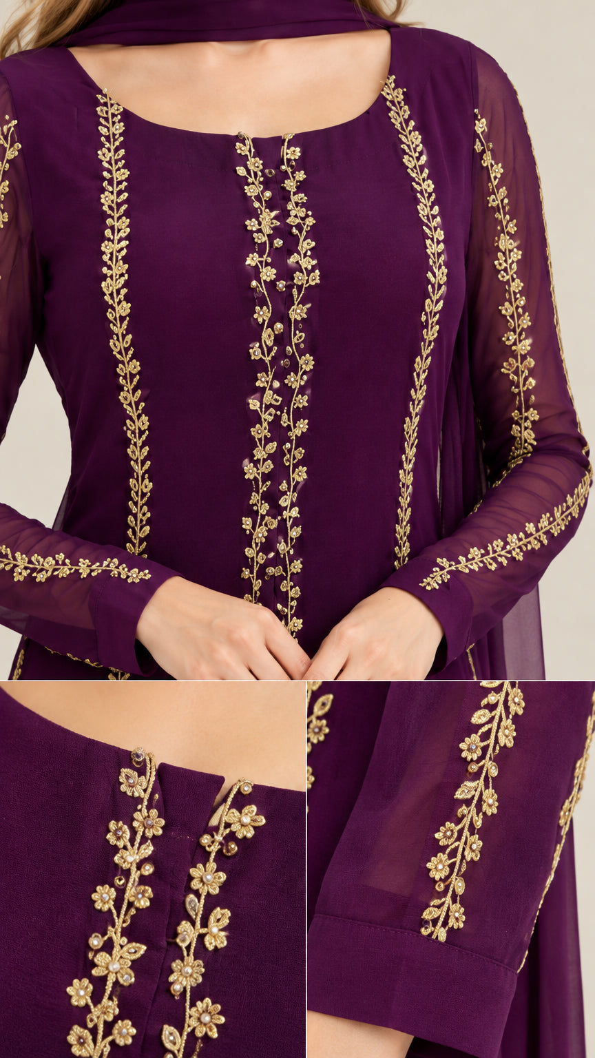 Close-up detail of neckline, gold floral embroidery, and sheer sleeve cuffs on purple gown