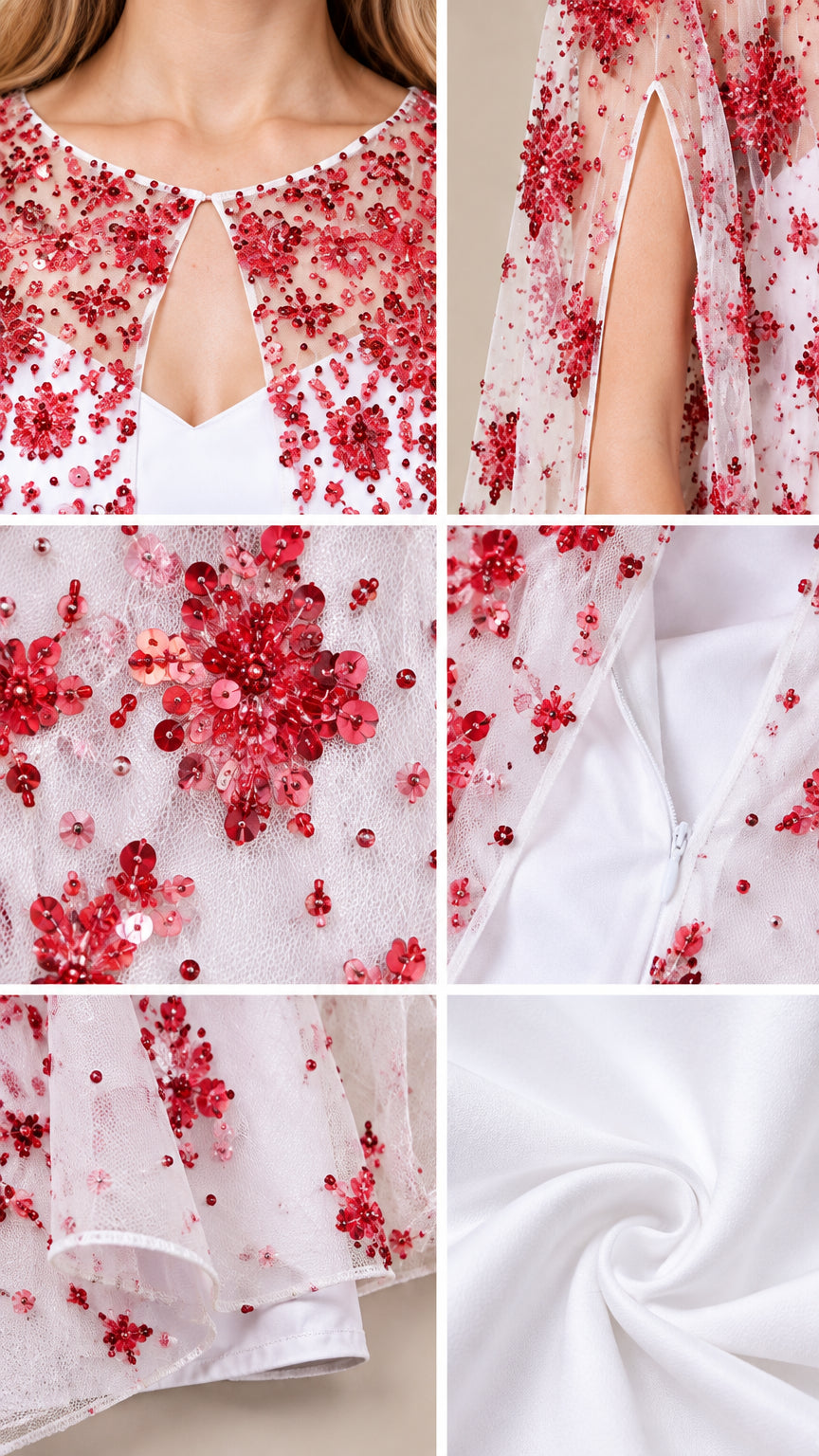 Detail view of sequined floral embroidery neckline and zipper closure on white cape dress