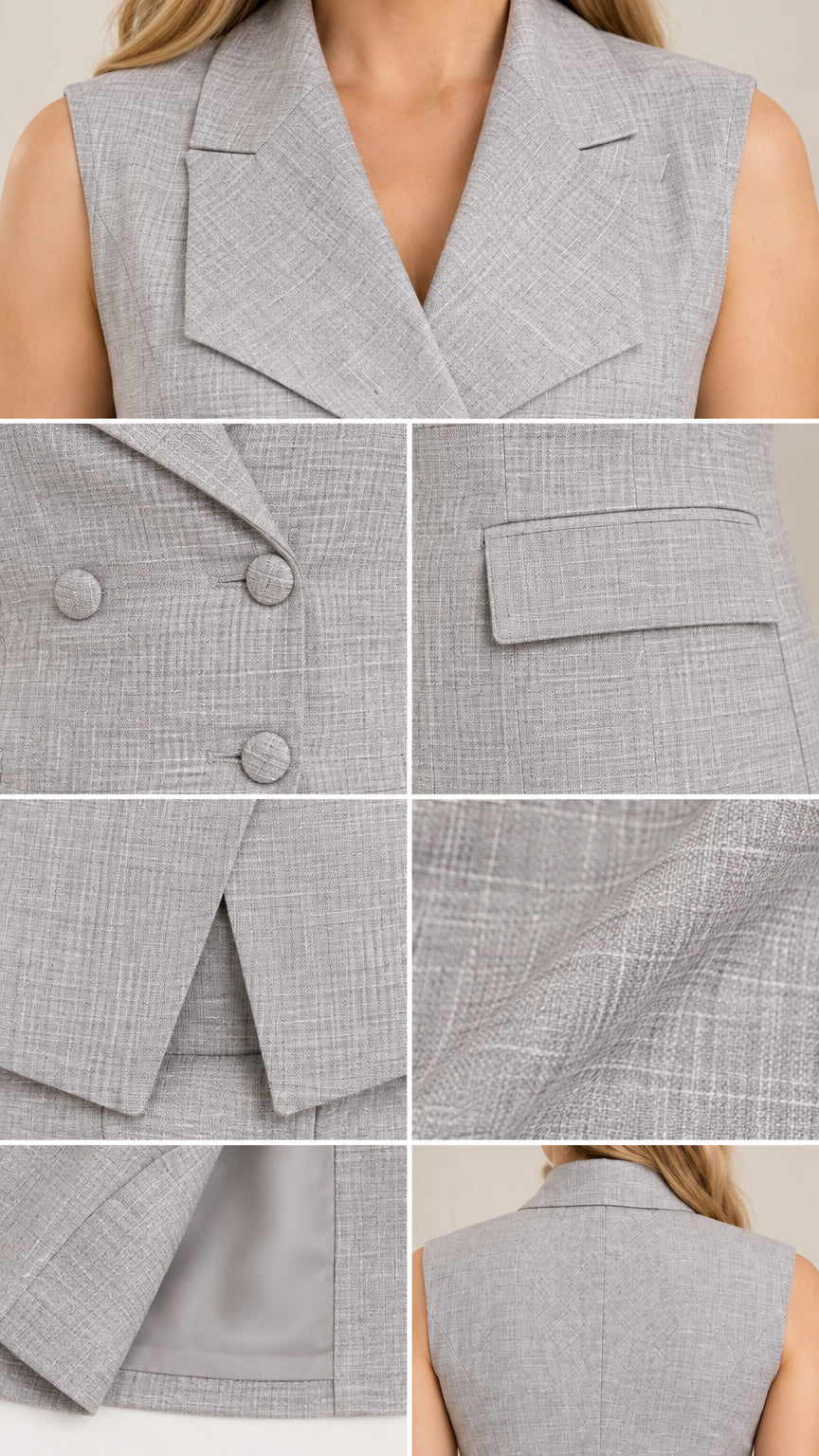 Close-up details of grey vest showing notch lapel, covered buttons, flap pocket, and textured fabric