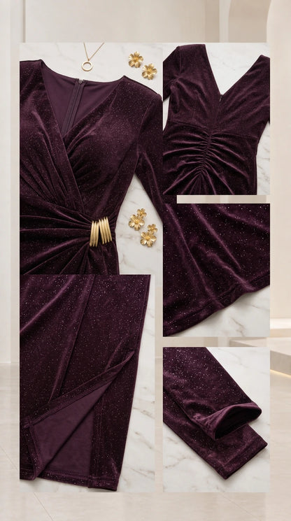 Close-up details of burgundy shimmer fabric, waist hardware, back zipper, and sleeve hem