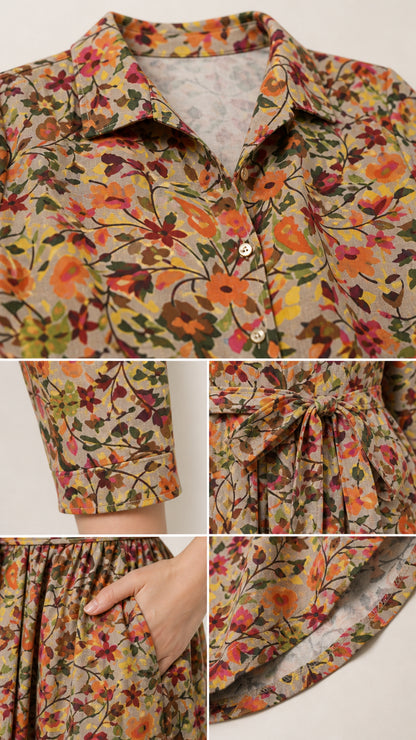 Close-up collage of collar, cuffs, belt, pocket, and hem details on floral shirt dress