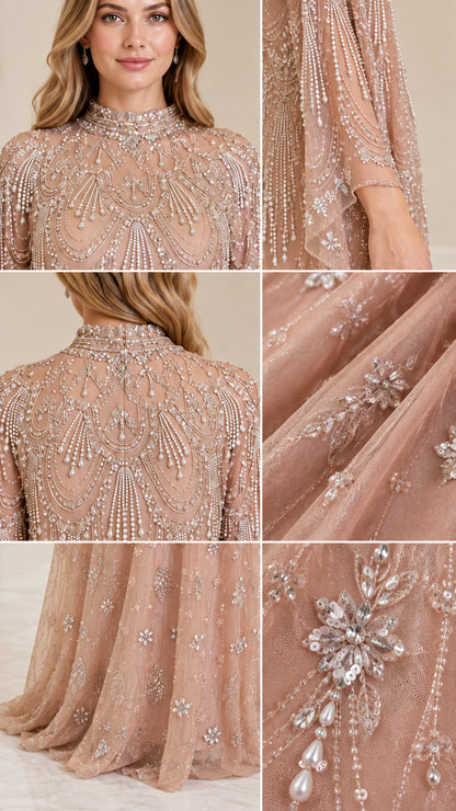 Close-up detail of intricate beadwork, pearl accents, and sheer neckline on evening gown