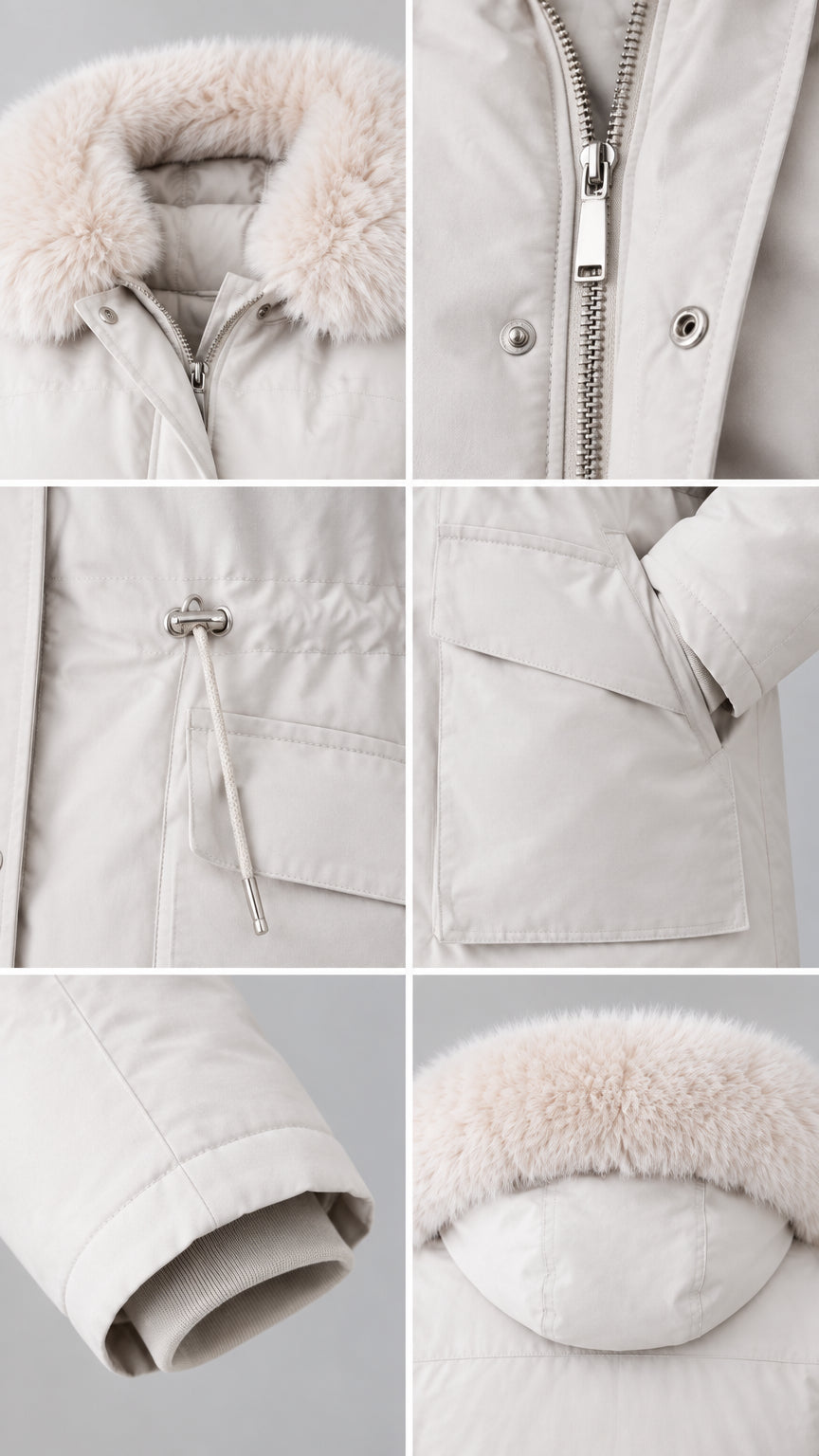 Close-up details of collar, zipper placket, drawstring waist toggle, flap pockets, ribbed cuffs, and hood