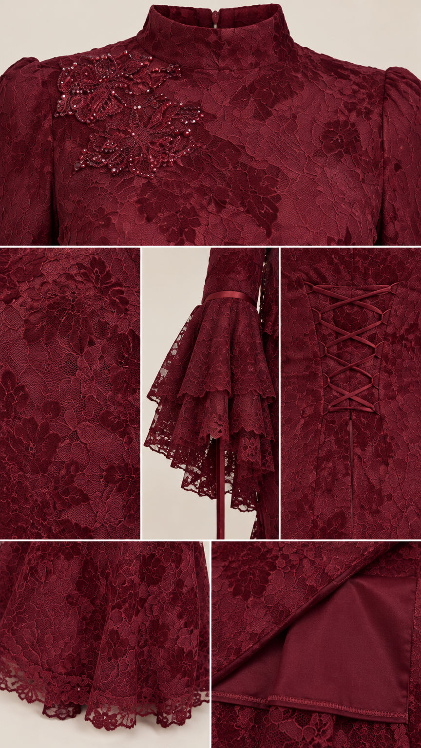 Close-up details of beaded neckline applique, bell cuff, corset back, and lace hem