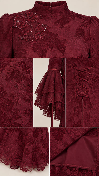 Close-up details of beaded neckline applique, bell cuff, corset back, and lace hem