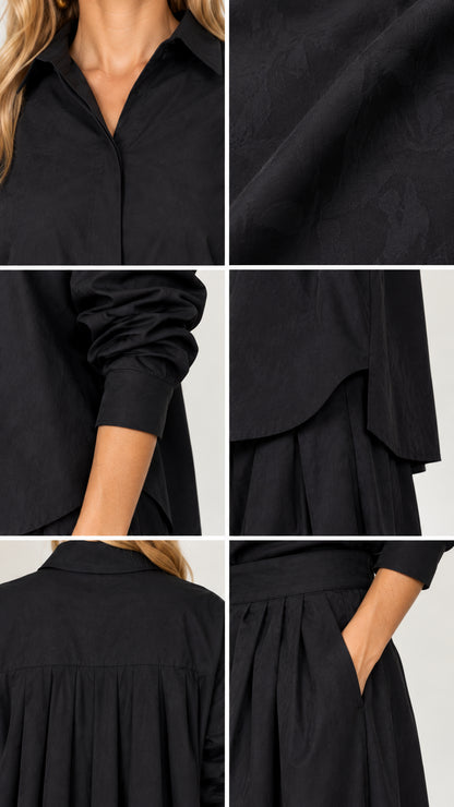 Close-up detail collage of the collar, fabric texture, cuffs, hemline, back pleats, and trouser pockets