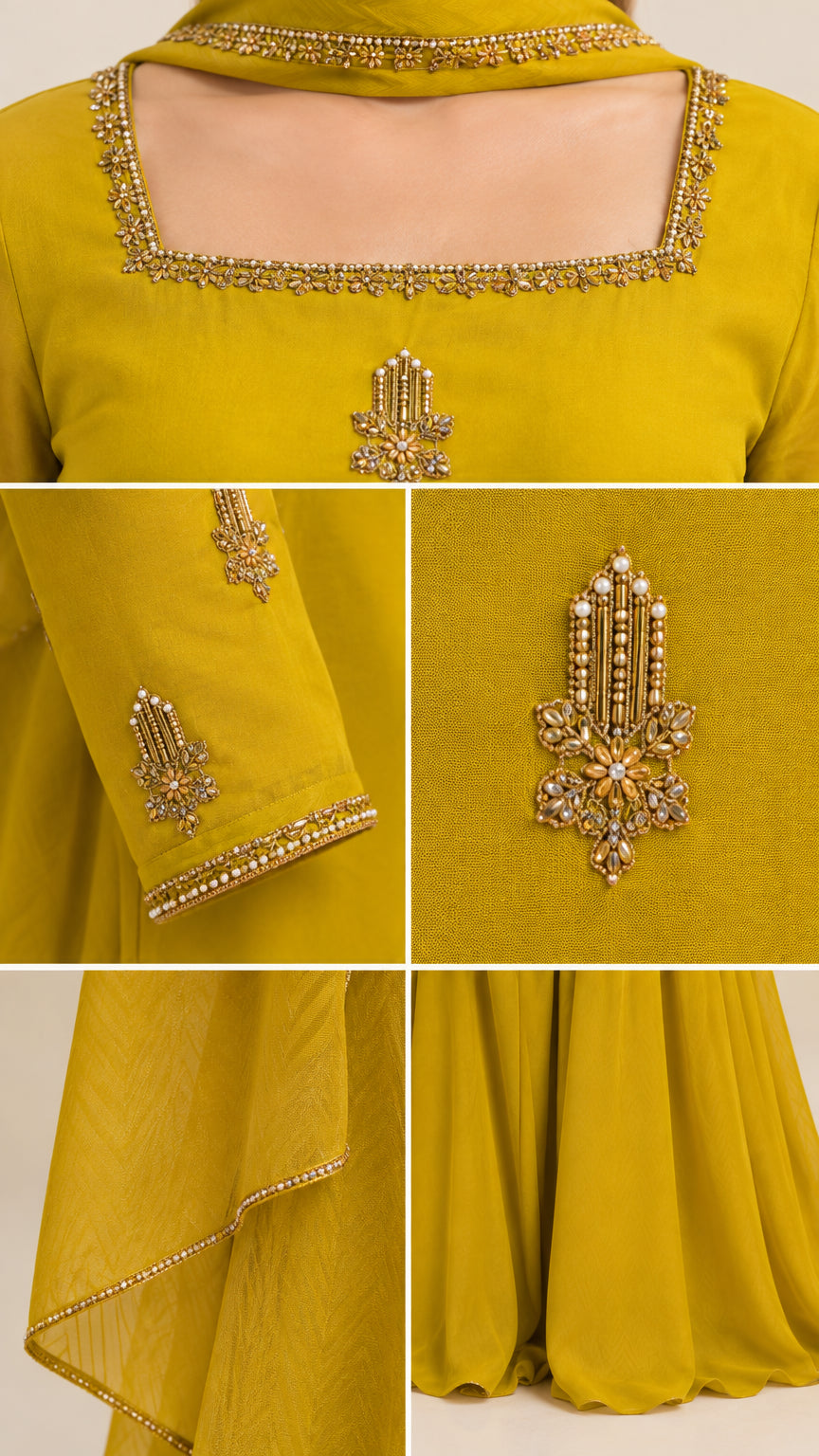 Close-up details of intricate embroidery and neckline beadwork