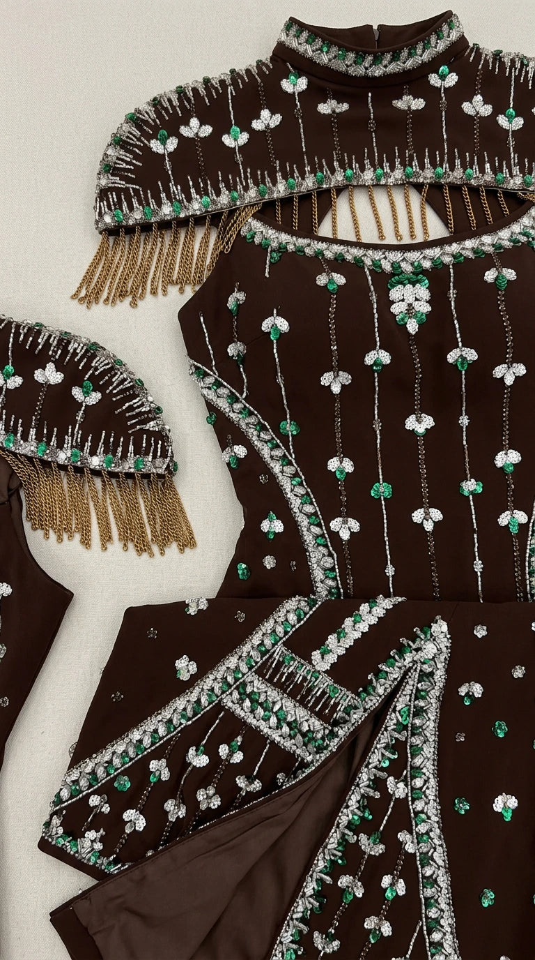 Close-up detail of high neckline, green crystal accents, beading, and fringe embellishment