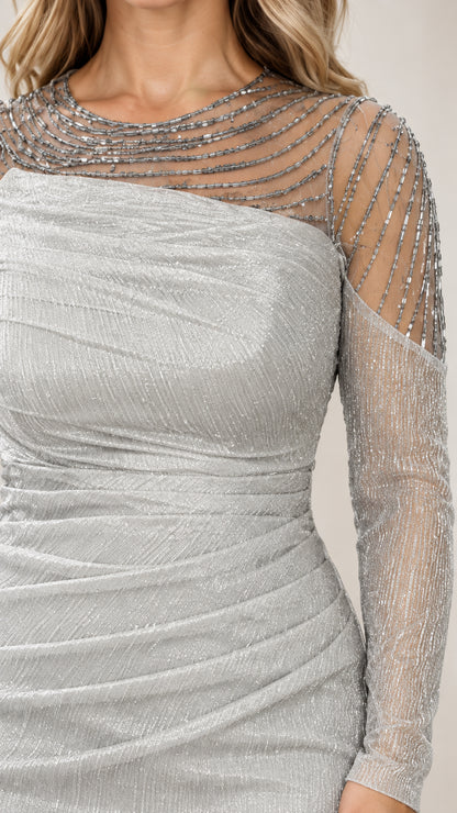 Close-up of beaded illusion neckline and ruched shoulder detail