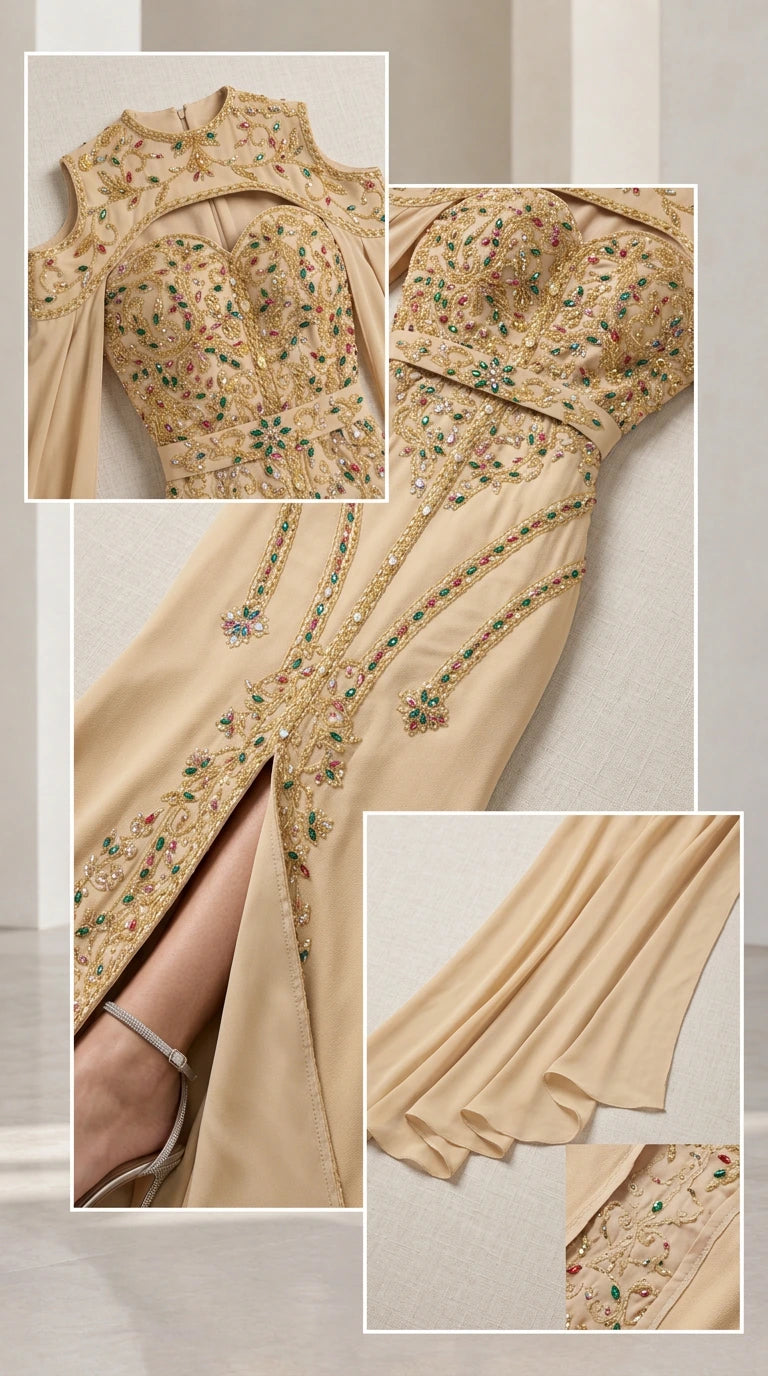 Close up details of beading, neckline cutout, and cape fabric