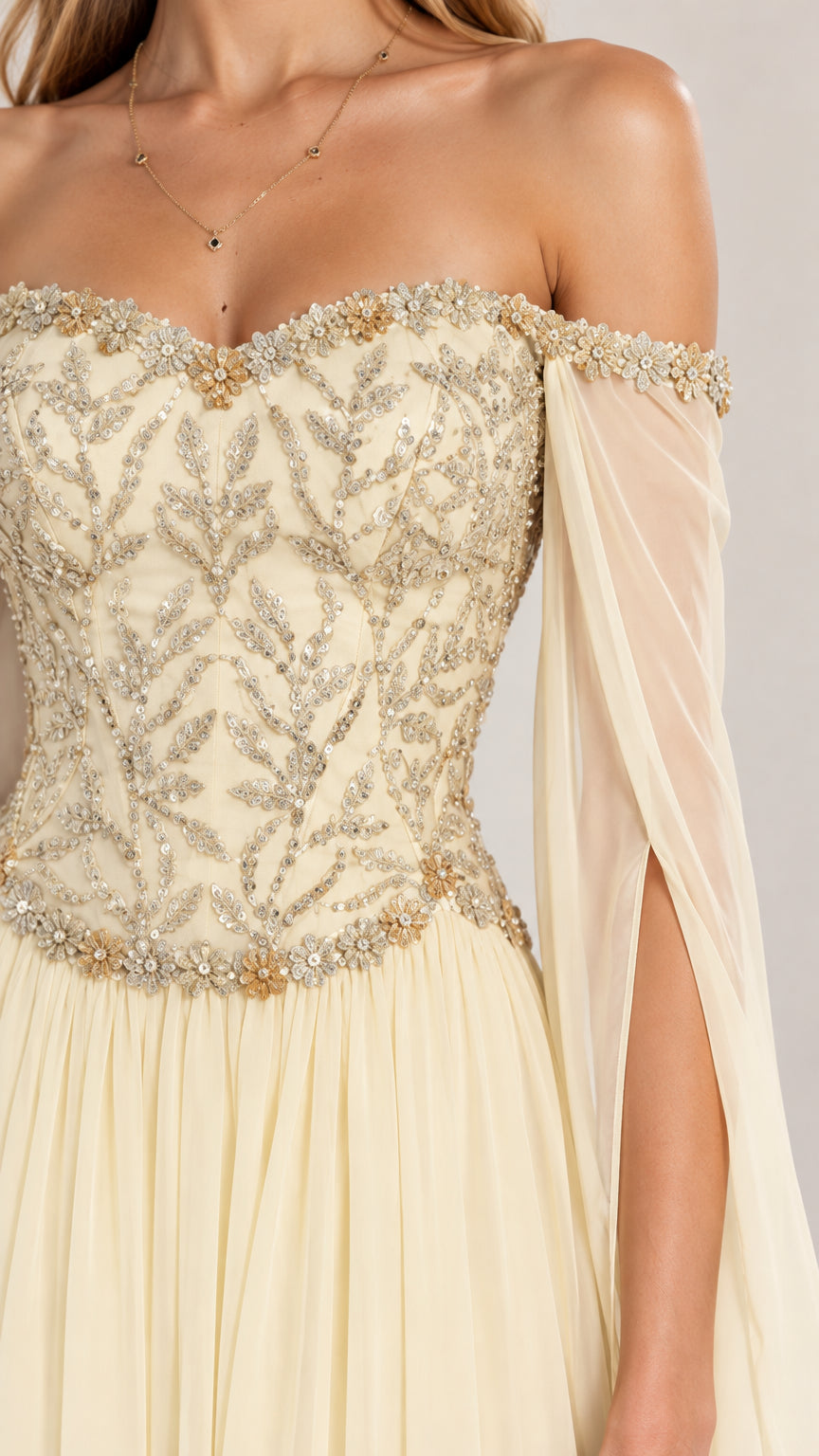Close-up detail of ornate floral beadwork and embroidery on Champagne corset bodice