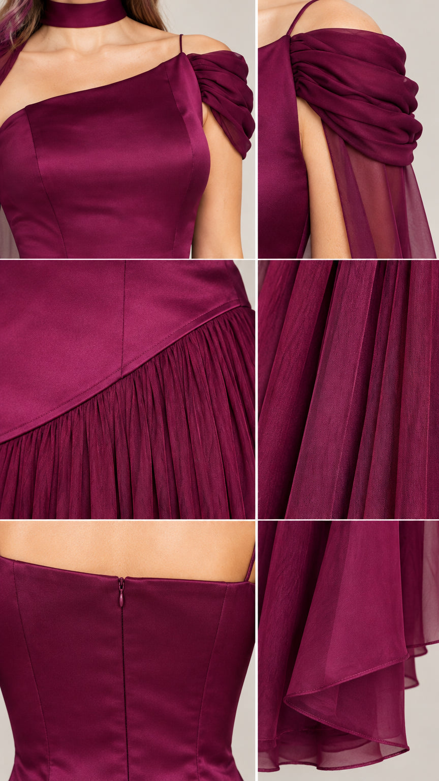 Close-up details of bodice neckline, pleated skirt, and back zipper