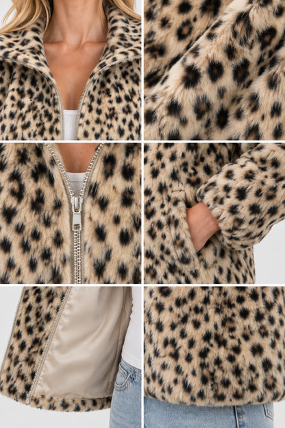 Close-up collage showing collar, plush texture, zipper pull, side pocket, and smooth inner lining