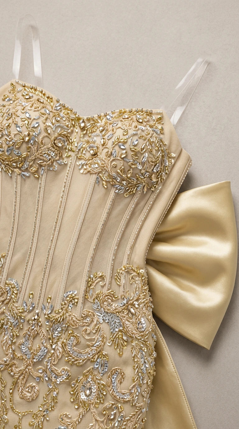 Close-up detail of Champagne corset bodice with gold embroidery and beading