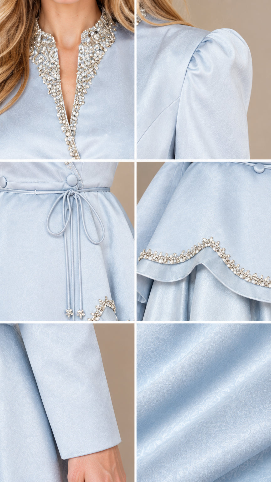 Close-up details of neckline crystal embellishment, tie waist, and sleeve