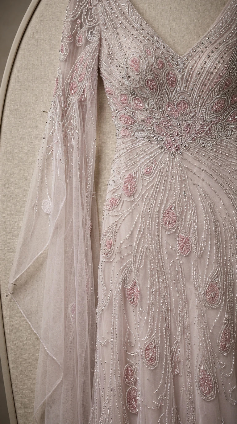 Close-up detail of sheer fabric, delicate pink beadwork, and sparkling sequins on gown