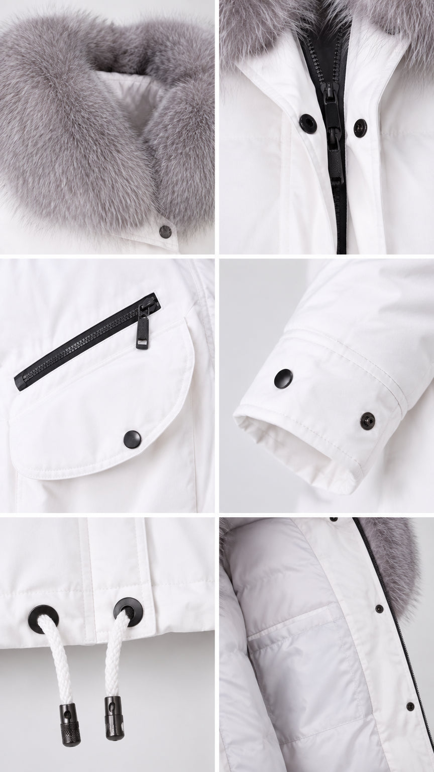 Detailed close-up views of zipper, snap button cuffs, drawstring hem, and fur trim on white jacket
