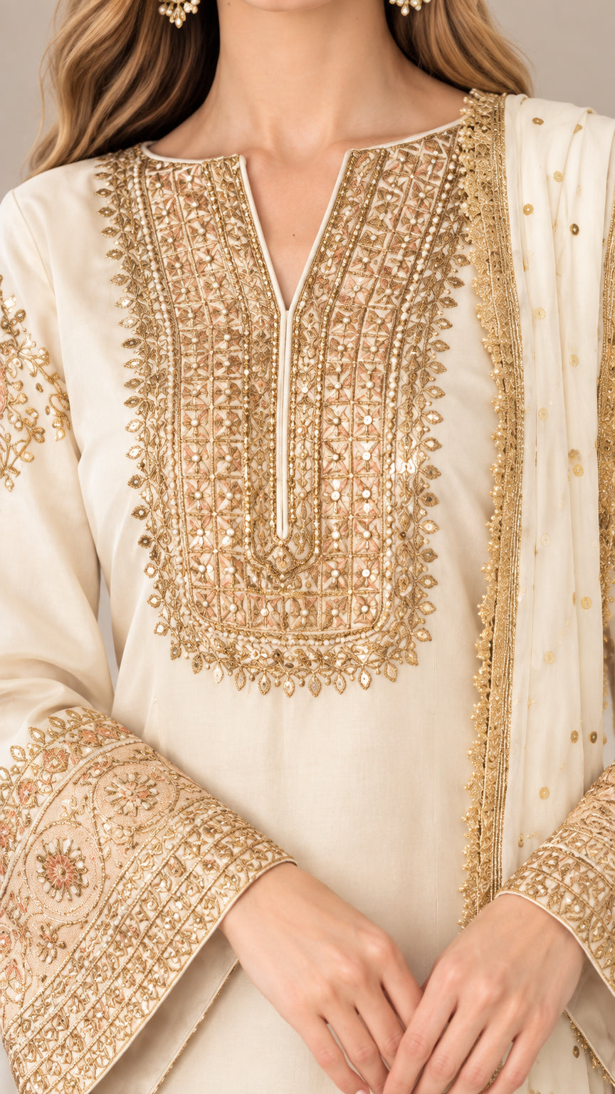 Close-up of intricate gold embroidery on neckline and bell sleeves of Cream tunic