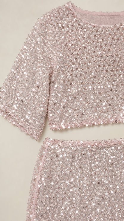 Close-up detail of blush pink sequin mesh fabric and neckline