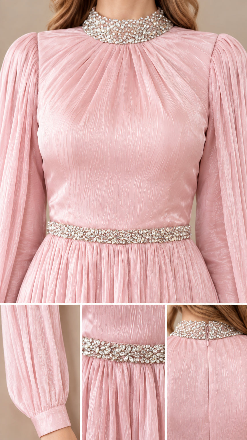 Close-up details of crystal rhinestone collar, belt, pleated texture, and sleeve cuffs