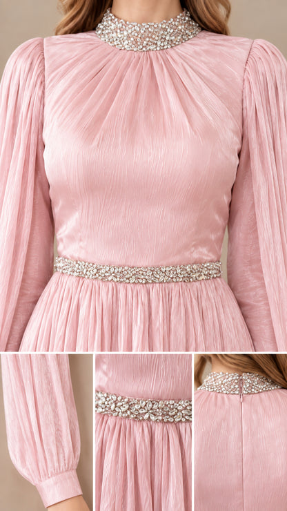 Close-up details of crystal rhinestone collar, belt, pleated texture, and sleeve cuffs