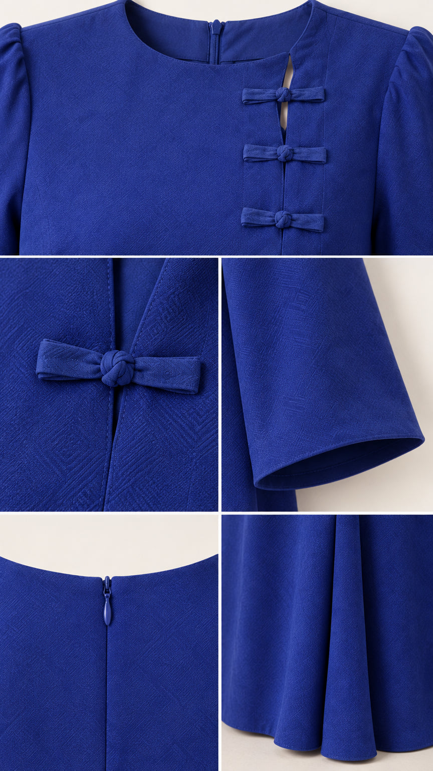 Detailed collage showing round neckline, frog knot closures, sleeve cuff, back zipper, and pleated hem