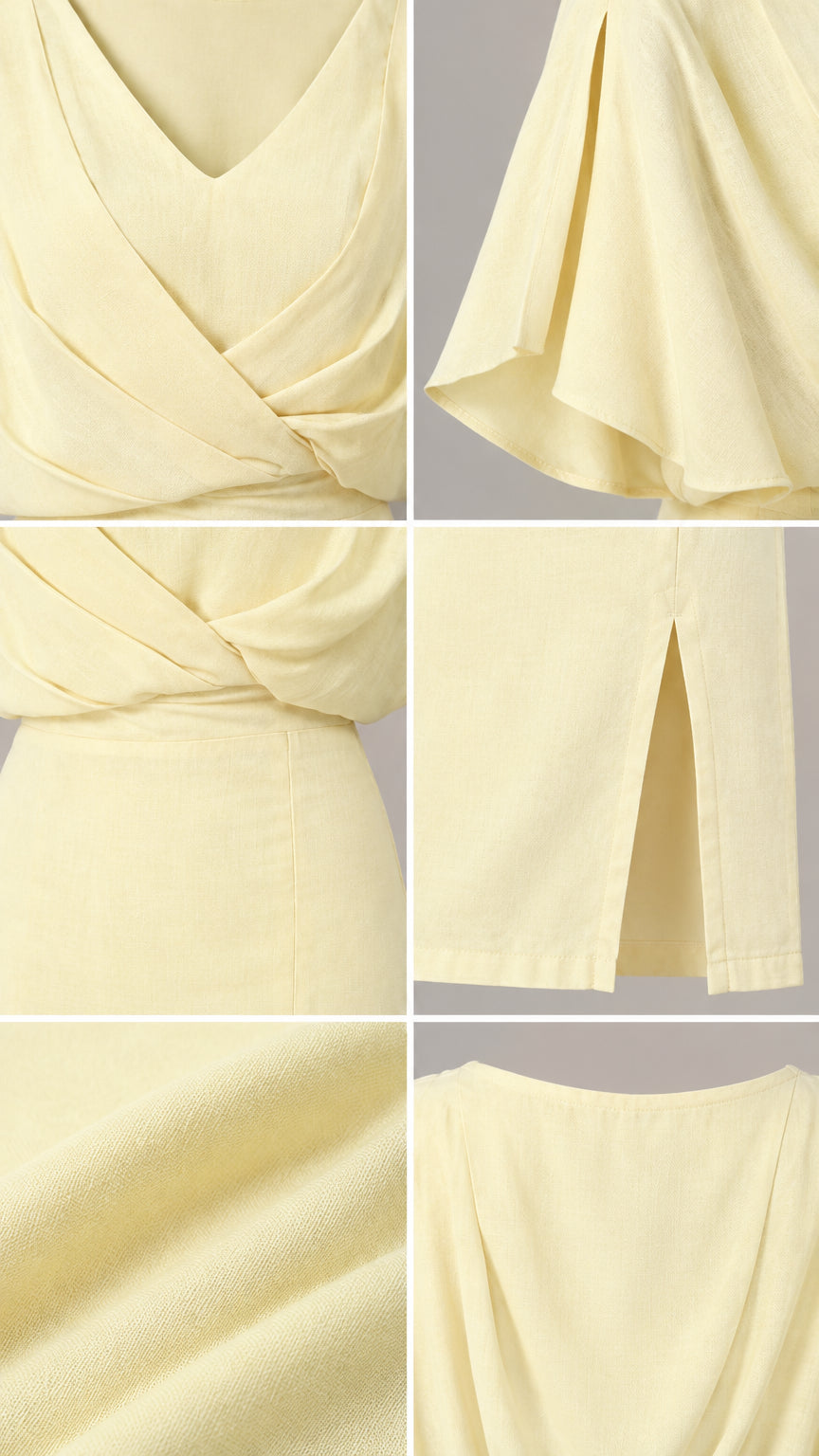 Close-up details of pale yellow dress fabric, draped neckline, flutter sleeve, and hem slit